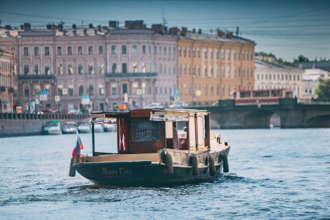 White nights. Raising bridges. boat Van Gogh, One day charter, Russia, Saint-Petersburg